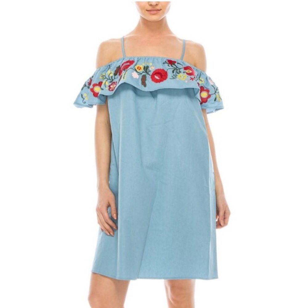 Pink Stitch denim off shoulder dress